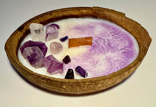 Lavender amethyst coconut shell candle