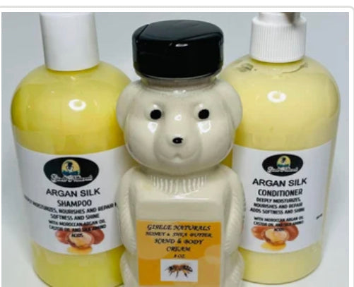 Argan silk shampoo, conditioner and honey Shea butter body cream.